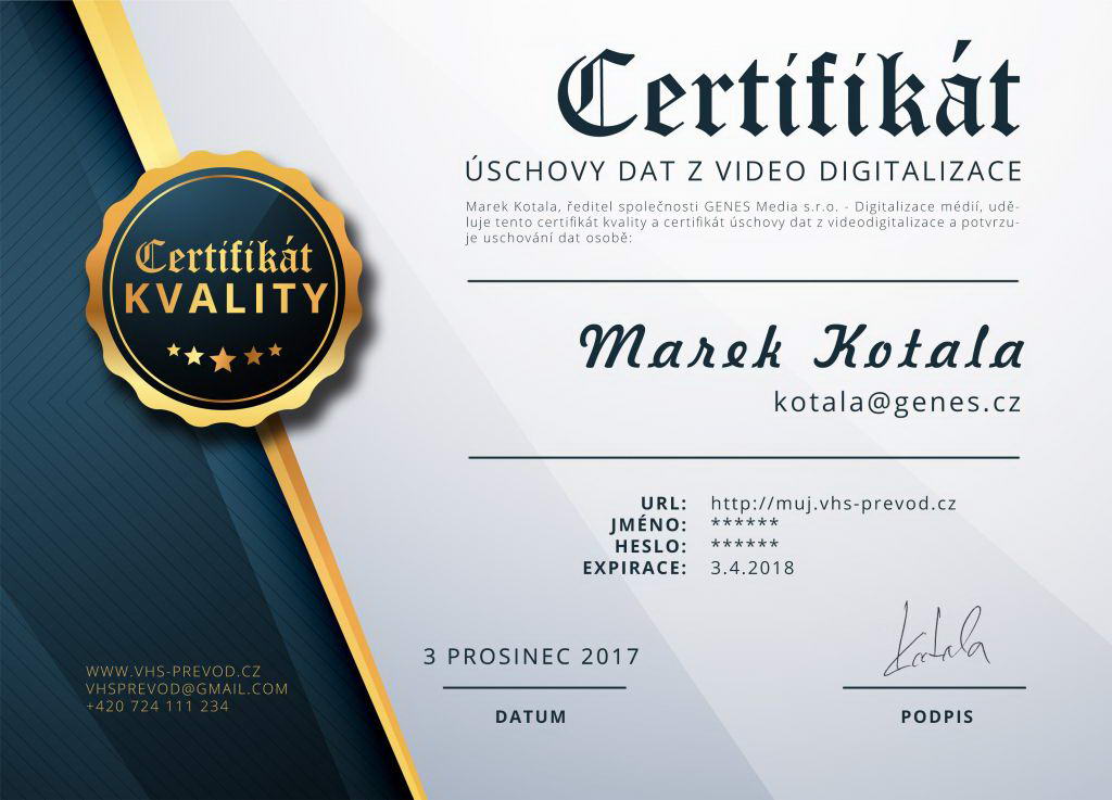 Certifikát úschovy dat